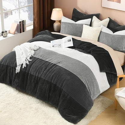 Litanika Fluffy Fleece Twin Comforter Set, Luxury Soft Plush Fuzzy Grey White Stripe Bedding Comforter Sets, Warm Shaggy Faux Fur Bed Set All Season (1 Comforter, 1 Pillowcase)