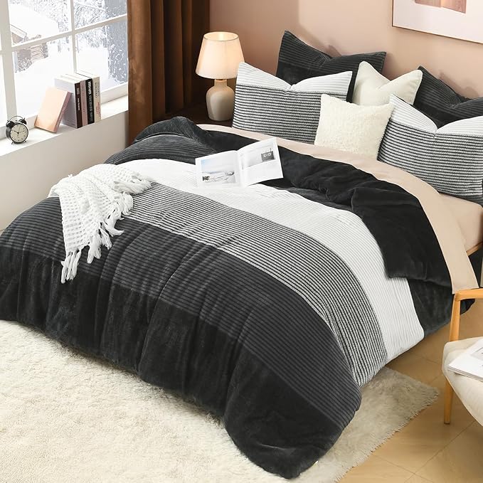 Litanika Fluffy Fleece King Size Comforter Set, Luxury Soft Plush Fuzzy Grey White Stripe Bedding Comforter Sets, Warm Shaggy Faux Fur Bed Set All Season (1 Comforter, 2 Pillowcases)