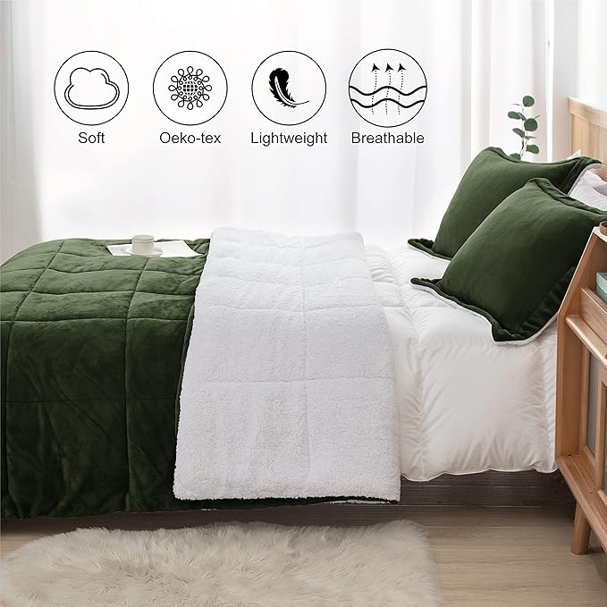 Seward Park Olive Green Sherpa Comforter Set Full Queen Size, All Season Soft Warm Fleece Fall Blanket, Winter Bedding Sets with 2 Pillow Shams