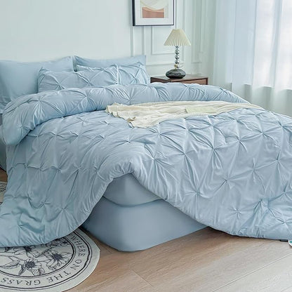 Maple&Stone Full Size Comforter Sets, 7 Pieces Bedding Sets Full, Pintuck Bed in a Bag Bed Set with Comforter, Sheets, Pillowcases & Shams - Light Blue