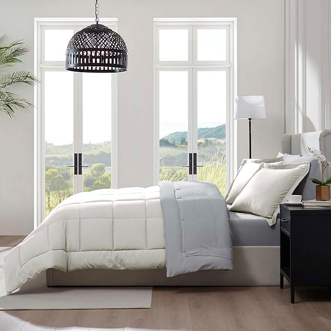 Nestl 7 Piece California King Comforter Set – Off White Reversible Bed in a Bag – Complete Cal King Size Bedding Set with Sheets, Pillowcases and Shams