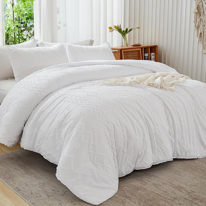 Andency White Full Size Comforter Set, 3 Pieces Boho Textured Fall Farmhouse Bed, Microfiber Geometric Comforter Bedding Set (79x90In Comforter & 2 Pillowcases)