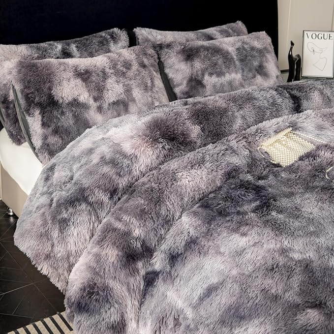 chovy Faux Fur Tie-Dyed Black Gray White Colorful Comforter Sets Queen - 3PC Bed Set Ultra Soft Plush Flannel Velvet Fluffy Fuzzy Bedding（Comforter x 1 Pillowcases x 2）