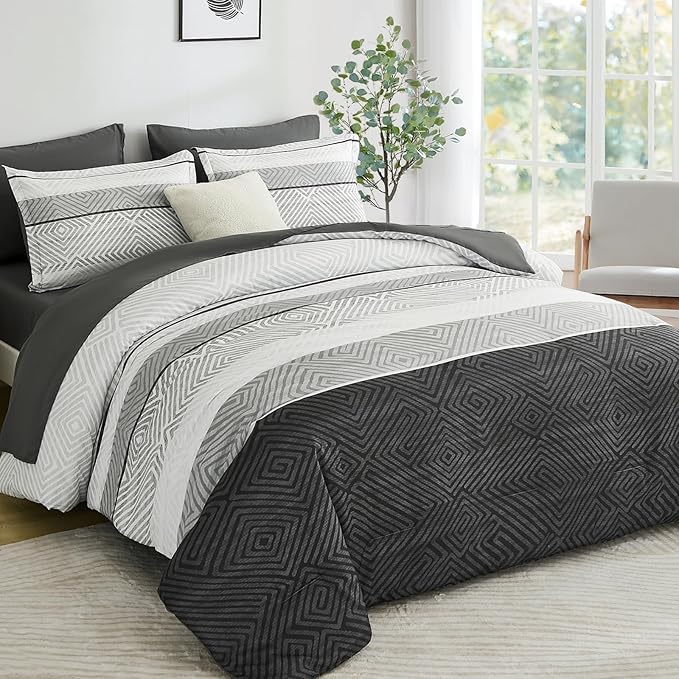 Drucon Black and Grey Comforter Set Queen Size 7 Piece Bed in a Bag, Boho Striped Bedding Set, Soft Microfiber Comforter and Sheet Set for All Season (Queen, 90"x90")