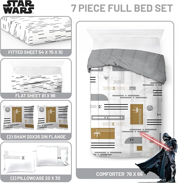 Jay Franco Comforter Set Includes Sheets and Pillow Covers - Soft and Cozy Bed Set for Stylish Room Decor, White - Star Wars, 7 Piece Full Size Bedding