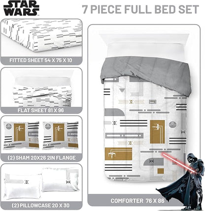Jay Franco Comforter Set Includes Sheets and Pillow Covers - Soft and Cozy Bed Set for Stylish Room Decor, White - Star Wars, 7 Piece Full Size Bedding