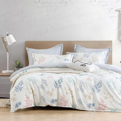White Cotton Comforter Queen Size 3Pcs - Blue, Beige and Blush Botanicals Pattern on White, Gray Grid Back, Reversible Lightweight Bedding Sets with Soft Fill(Queen, 90"×90")