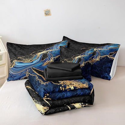 Black Gold Bedding Blue Marble Comforter Set 6 Pieces Twin Bed in a Bag with 1 Black and Blue Comforter, 1Flat Sheet, 1 Fitted Sheet, 2 Pillowcases, 1 Marble Cushion Cover
