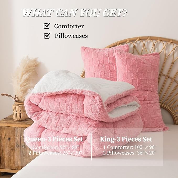 ELNIDO QUEEN® Fluffy Comforter Set King, Pink Winter Fleece Comforter Ultra Soft & Extra Pluffy Plush Comforter Set, Cozy Fuzzy Bed Comforter 3 Pieces (1Comforter, 2 Pillowcases),102x90 inch