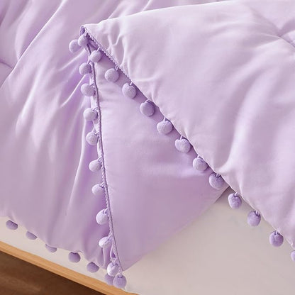 YIRDDEO Queen Comforter Set - Comforter Queen Size Sets with Ball Pom Fringe, Soft Bedding Set for All Seasons - 3 Pieces, 1 Comforter (90"x90") & 2 Pillow Shams (20"x30"), Lavender Purple
