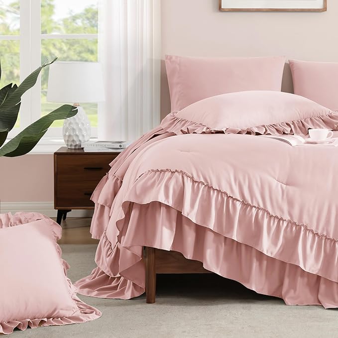 Full Comforter Set Soft Pink, Ruffle Shabby Chic Bedding Set Farmhouse 7 Pieces, All Season Fluffy Bed in a Bag with Sheets, Pillowcases & Shams