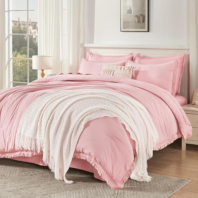 Andency Full Size Comforter Set Light Pink -7 Pieces Boho Tassel Bed in a Bag Soft Lightweight Bedding Sets, Fringe All Season Bed Set with Comforter, Sheets, Pillowcases & Shams