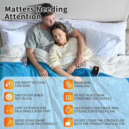 Heated Electric Blankets - Soft Flannel Heating Throw Electric Blanket with 6 Heat Settings Queen Size 84" × 90" Teal - Velvet & Sherpa