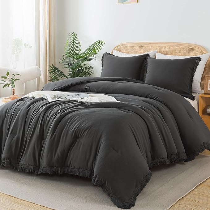 Andency Comforter King Size Bed Set Dark Grey, 3 Pieces Boho Lightweight Winter Bedding Comforters & Sets, All Season Soft Tassel Bed Set (104x90In Comforter & 2 Pillowcases)