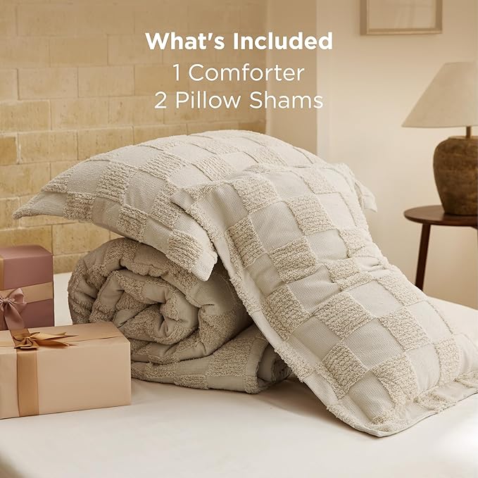 Bedsure Full Size Comforter Set Beige, Boho Tufted Bed Set, Checkered Farmhouse Shabby Chic Bedding, 3 Pieces, 1 Plaid Geometric Comforter and 2 Pillow Shams