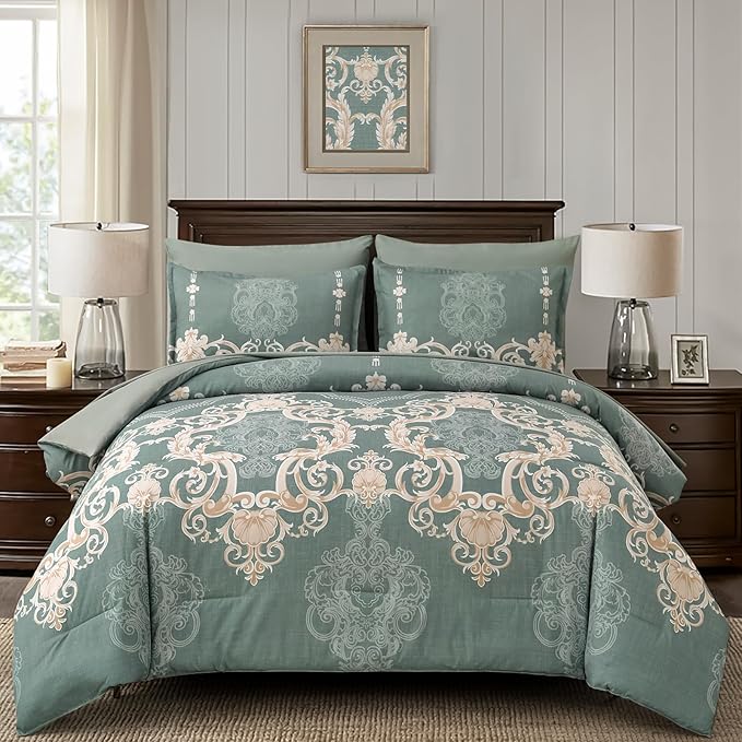 Mybedsoul 7 Pieces Sage Green Comforter Set King Size, Damask Bed in a Bag for King Bed, Lightweight Microfiber Boho Bedding Sets with Comforter, Sheet, Pillowcases & Shams for All Season(90"x104")