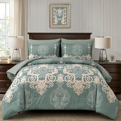 Mybedsoul 7 Pieces Sage Green Comforter Set King Size, Damask Bed in a Bag for King Bed, Lightweight Microfiber Boho Bedding Sets with Comforter, Sheet, Pillowcases & Shams for All Season(90"x104")