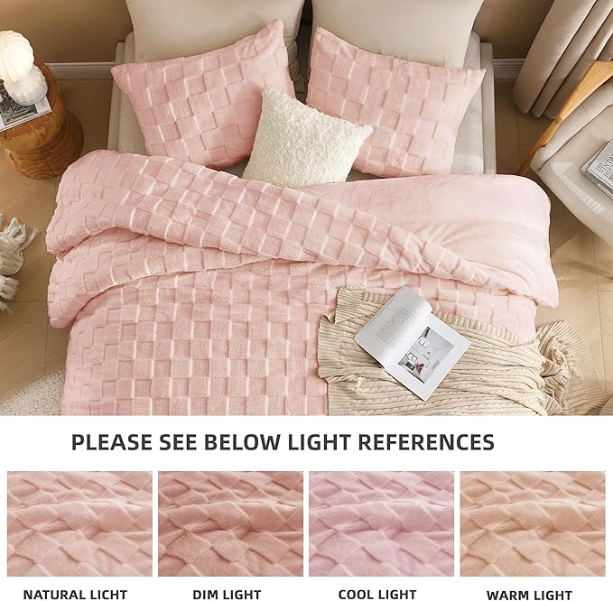 Litanika Fluffy Full Size Comforter Set Pink，3 Pieces Warm Sherpa Fleece Winter Bedding Set, Jacquard Checkered Plush Fuzzy Bed Set(1 Comforter, 2 Pillowcases)