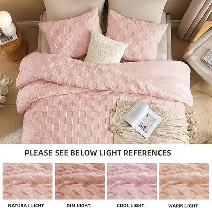 Litanika Fluffy Queen Size Comforter Set Pink，3 Pieces Warm Sherpa Fleece Winter Bedding Set, Jacquard Checkered Plush Fuzzy Blanket Bed Set(1 Comforter, 2 Pillowcases)