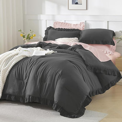 Andency Dark Gray Comforter Set Full, 3 Pieces Full Bed Solid Bedding Comforters & Sets, (1 Ruffle Comforter and 2 Pillowcases) All Season Lightweight Fluffy Soft Microfiber Bedding Set(79x90Inch)