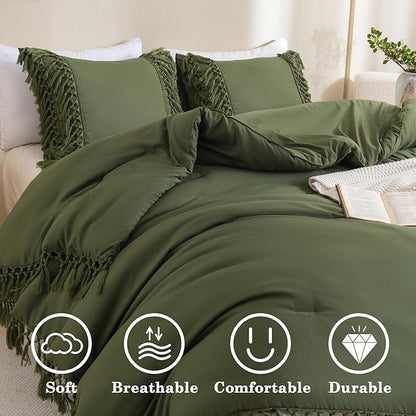Andency Olive Green Comforter Set King, 3 Pieces Boho Tassel Lightweight Soft Bedding Comforter Sets for King Bed, All Season Fluffy Fringe Bed Set (104x90In Comforter & 2 Pillowcases)