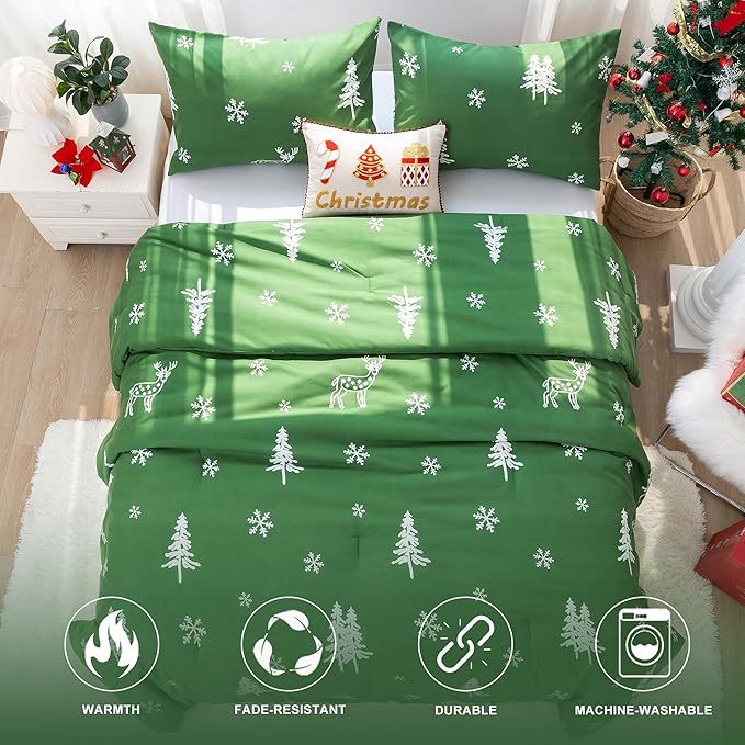 COTTEBED Christmas Tree Comforter Sets Twin/Twin XL Size, Soft Polycotton Reindeer Elks Bedding Down Alternative Comforters for Kids Children Boys Girls Teen College Dorm Signal Bed