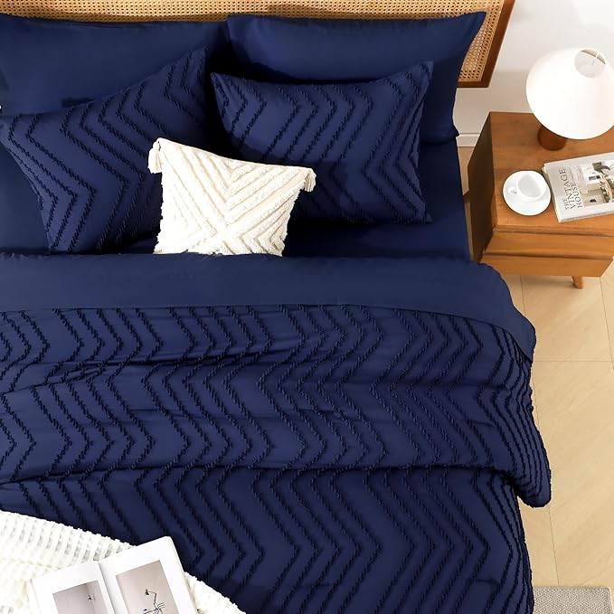 Litanika Queen Size Comforter Set with Sheets Navy Blue - 7 Pieces Bed in a Bag Queen Chevron Tufted Complete Bedding Sets with Comforter, Sheets, Pillowcases & Shams