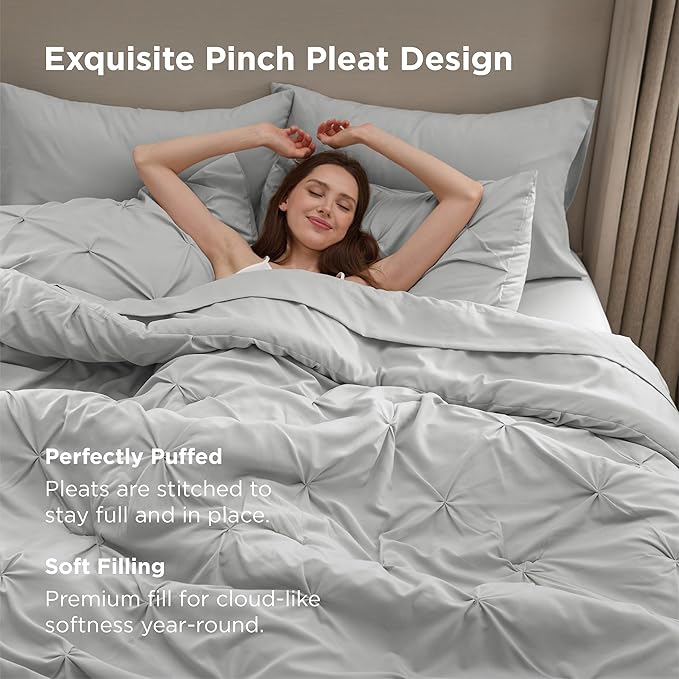 Bedsure King Size Comforter Set Light Grey - Bed in a Bag Bedding Set 7 Pieces, GentleSoft™ Pintuck Bed Set Gift for Family, Pinch Pleat Light Grey Comforter with Sheets, Pillowcases & Shams