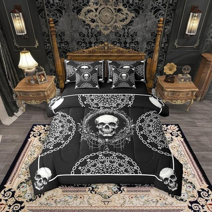Erosebridal Sugar Skull 7 Piece Bedding Set Twin Size,Gothic Exotic Bed in a Bag,Horror Theme Bed Set Includes Comforter, Sheet Set, Pillowcases & Pillow Covers All Season Bedroom Decor