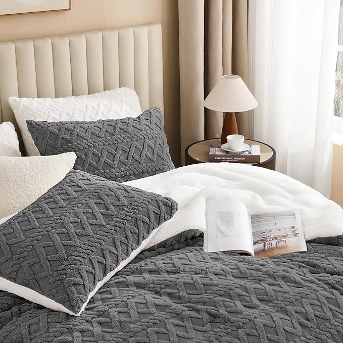 Andency Fluffy Sherpa Queen Comforter Set Grey, Super Soft Gray Fleece Warm Bedding for Winter, Luxury Jacquard Boho Thick Fuzzy Plush Bed Set 3 Pieces(1 Shaggy Comforter, 2 Pillowcases)