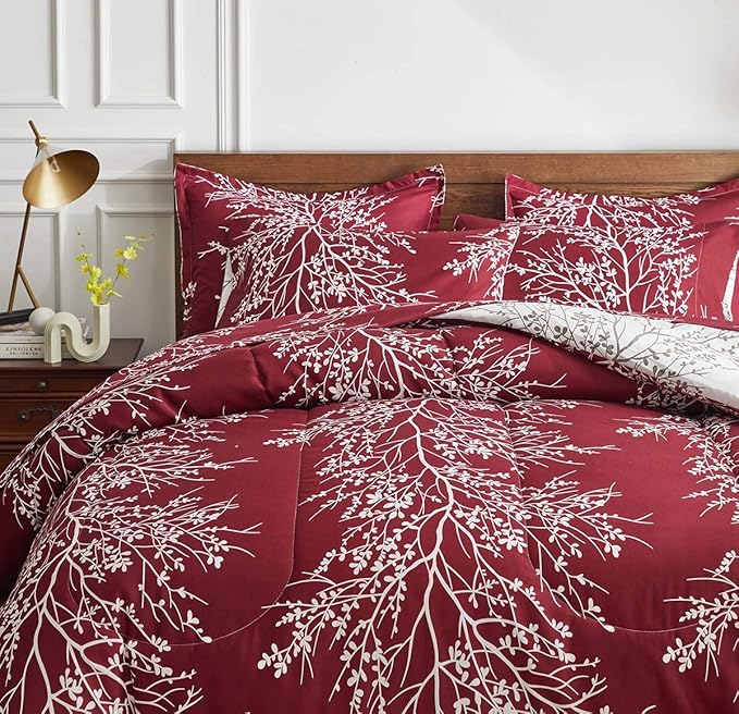 Christmas Bed in a Bag Burgundy Red Comforter Sheet Set 7 Pieces King Size Tree Branch Soft X-max Holiday Bedding Set (1 Comforter 2 Pillow Shams 1 Flat Sheet 1 Fitted Sheet 2 Pillowcases)