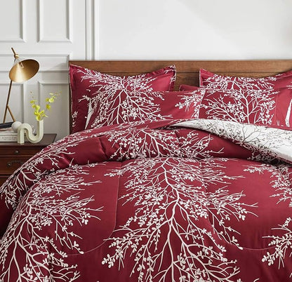 Christmas Bed in a Bag Burgundy Red Comforter Sheet Set 7 Pieces King Size Tree Branch Soft X-max Holiday Bedding Set (1 Comforter 2 Pillow Shams 1 Flat Sheet 1 Fitted Sheet 2 Pillowcases)