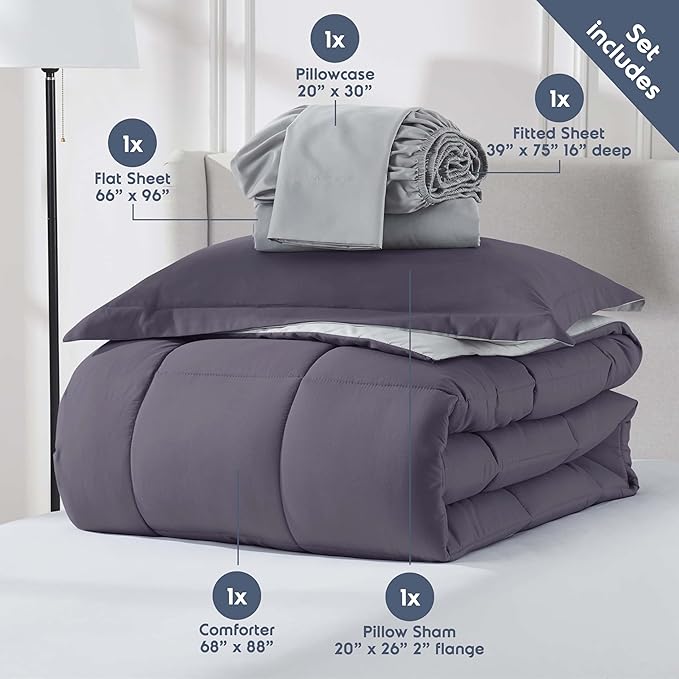 Nestl 5 Piece Twin Comforter Set – Grayish Purple Reversible Bed in a Bag – Complete Twin Size Bedding Set with Sheets, Pillowcase and Sham