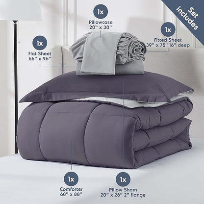 Nestl 5 Piece Twin Comforter Set – Grayish Purple Reversible Bed in a Bag – Complete Twin Size Bedding Set with Sheets, Pillowcase and Sham