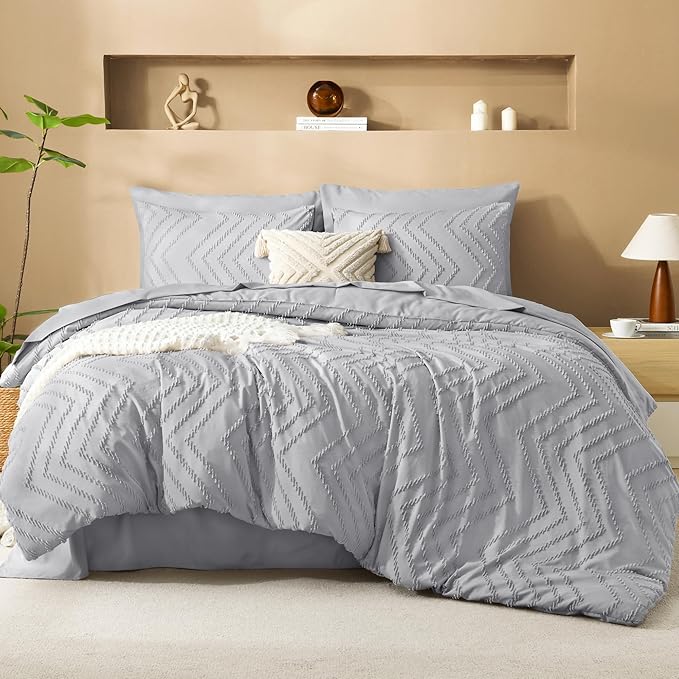 Litanika Light Grey California King Size Comforter Set with Sheets - 7 Pieces Bed in a Bag California King Boho Tufted Complete Bedding Sets with Comforter, Sheets, Pillowcases & Shams