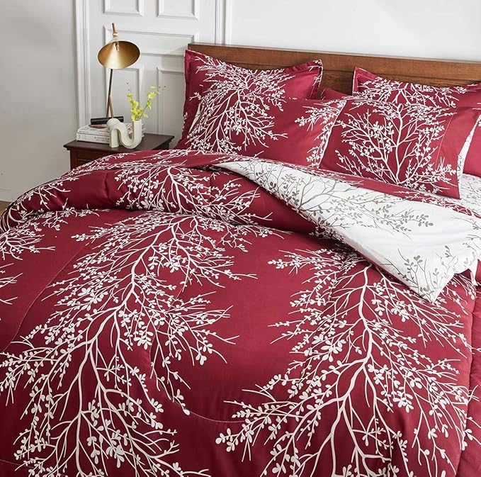 Christmas Bed in a Bag Burgundy Red Comforter Sheet Set 7 Pieces Queen Size All Season Tree Branch Soft Microfiber Bedding Set (1 Comforter 2 Pillow Shams 1 Flat Sheet 1 Fitted Sheet 2 Pillowcases)