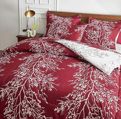 Christmas Bed in a Bag Burgundy Red Comforter Sheet Set 7 Pieces Queen Size All Season Tree Branch Soft Microfiber Bedding Set (1 Comforter 2 Pillow Shams 1 Flat Sheet 1 Fitted Sheet 2 Pillowcases)