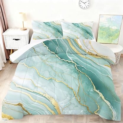 Mint Green Marble Comforter Set Twin Size, Watercolor Marbled Bedding Set for Girls Boys Kids Women, Green and Gold Bedroom Decor, Soft Turquoise Bed Set with 1 Comforter and 1 Pillowcase