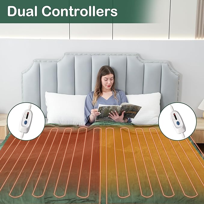 Electric Heated Blanket Queen Size 84"x90", Soft Plush Microplush for Bed, Dual Controllers & Heating Zones, 10Hs Auto Off & 4 Heating Levels, Machine Washable, Gifts for Family-Sage Green