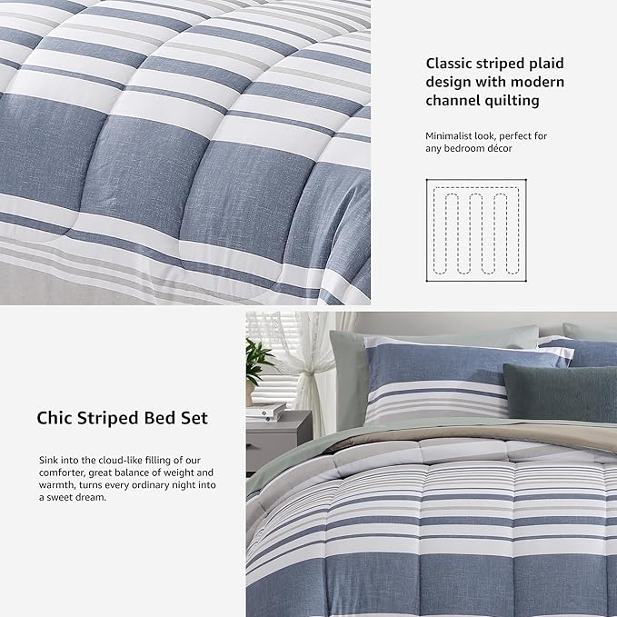 Monbix King Size Comforter Set - 7 Pieces Bed in a Bag King, Ocean Blue-Stripe Bedding Sets, All Seasons Comforter Bed Set with Sheets, Pillowcases & Shams