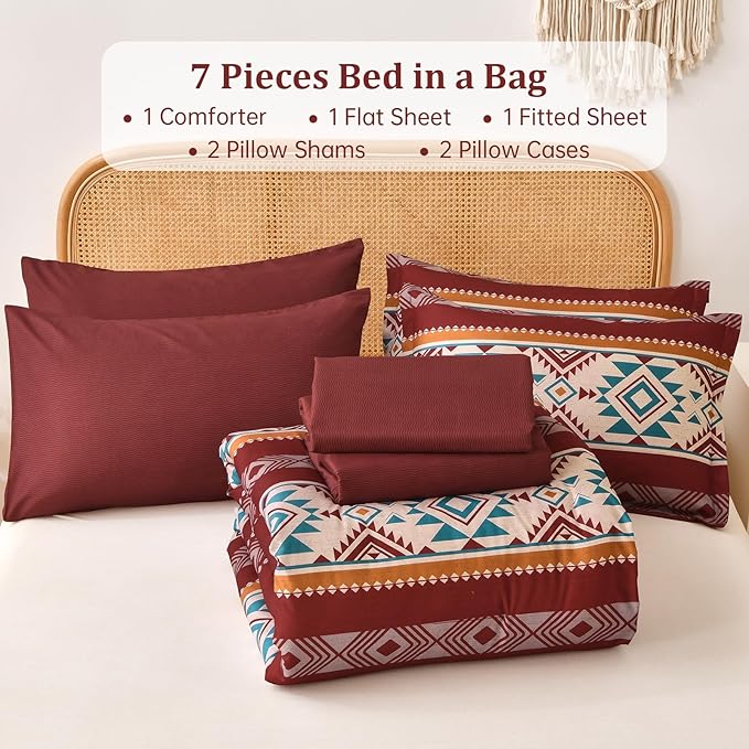 Anibedding Red King Size Comforter Set 7 Pieces Boho Bed in a Bag, Burgundy Aztec Striped Comforter Set with Sheets, Soft Microfiber Reversible Western Bedding Set for All Season
