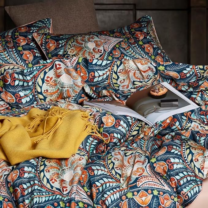 MKXI Blue Comforter Set Queen Pink Paisley Patterned Floral Bedding Comforter Set Boho Bed Quilt Summer Comforter 90"x 90"