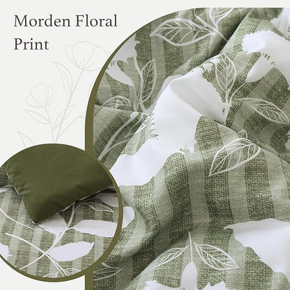 Full Comforter Set -7 Pieces Botanical Olive Green Comforter Set for All Seasons, Bed in a Bag Full with Flowers Floral Comforter, Sheets, Pillowcases & Shams