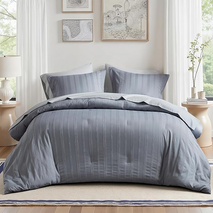 Madison Park Essentials Striped Comforter Set Cal King, 7 Pieces Modern Minimalist Jacquard Bedding Set for All Season, Bed in A Bag with Sheet Set and Soft Brushed Reverse, Lightweight Blue/Grey