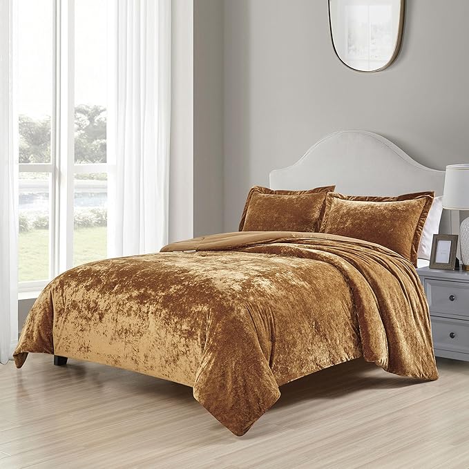 Luxury Velvet Queen Size Comforter Set, 3 Pieces Reversible Brushed Solid Microfiber Back, All Season Cozy, Soft, Warm(Caramel Gold,90x90 in)