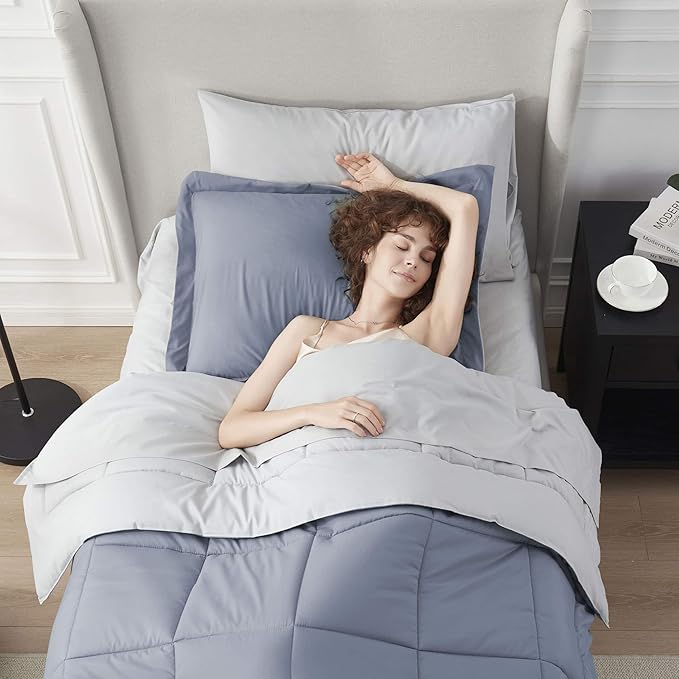 Nestl 5 Piece Twin XL Comforter Set – Stone Blue Reversible Bed in a Bag – Complete Twin XL Size Bedding Set with Sheets, Pillowcase and Sham