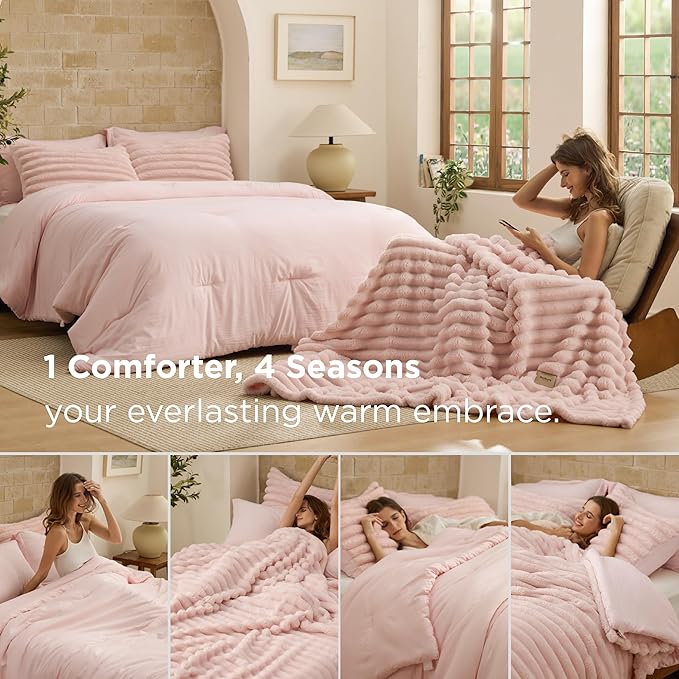 Bedsure Gentlesoft™ 2-in-1 Queen Comforter Set and Detachable Fluffy Blanket, Pink Bedding Set for All Season Use, SnapTech Design for Space Saving (Includes 2 Pillow Shams, 2 Pillowcases)