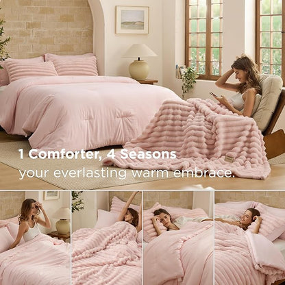 Bedsure Gentlesoft™ 2-in-1 Queen Comforter Set and Detachable Fluffy Blanket, Pink Bedding Set for All Season Use, SnapTech Design for Space Saving (Includes 2 Pillow Shams, 2 Pillowcases)