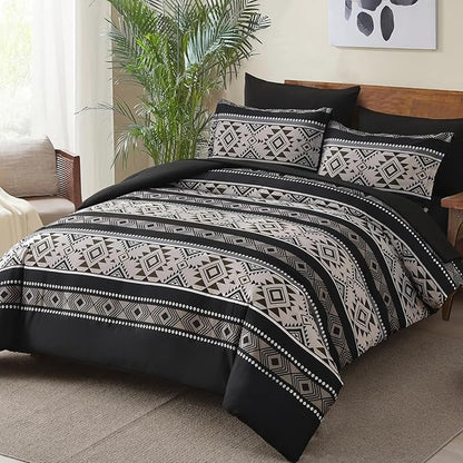 Anibedding Black King Size Comforter Set,7 Pieces Boho Striped Bed in a Bag Aztec Western Bedding Set, Soft Microfiber Farmhouse Bed Comforter Set for All Season