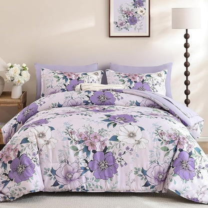Xruibed Purple Floral Comforter Set Queen Size 7 Pieces Bed in a Bag Flower Comforter Set with Sheet, Pillowcases, Pillowshams, Soft Microfiber Bedding Set for All Season (Queen 90''x90'')